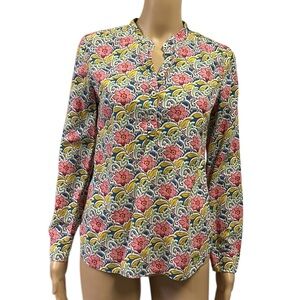 Talbots Floral Pullover Half Button Up Cotton Long Button Tab Sleeves Womens XS